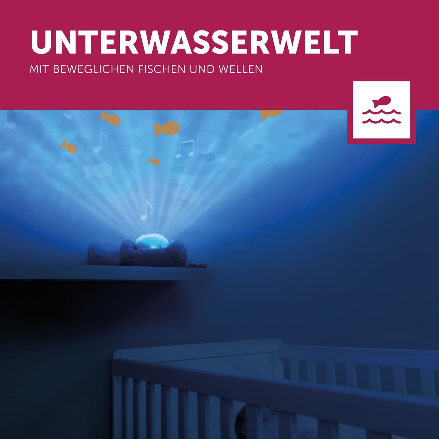 Otto der Otter LED-Nachtlichtprojektor mit Batterien: Ozean, bewegliche Fische, Wellen