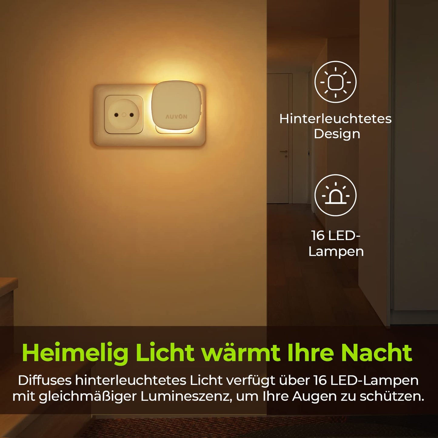 AUVON LED Night Light Set of 2 (Warm White): Motion Sensor & Twilight Sensor