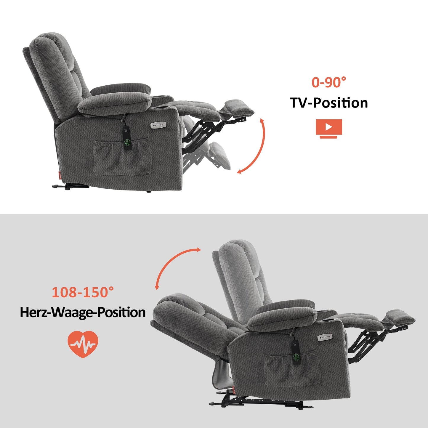 M MCombo TV recliner (7008) with reclining, massage and heat function: Electrically adjustable, USB & cup holder in grey