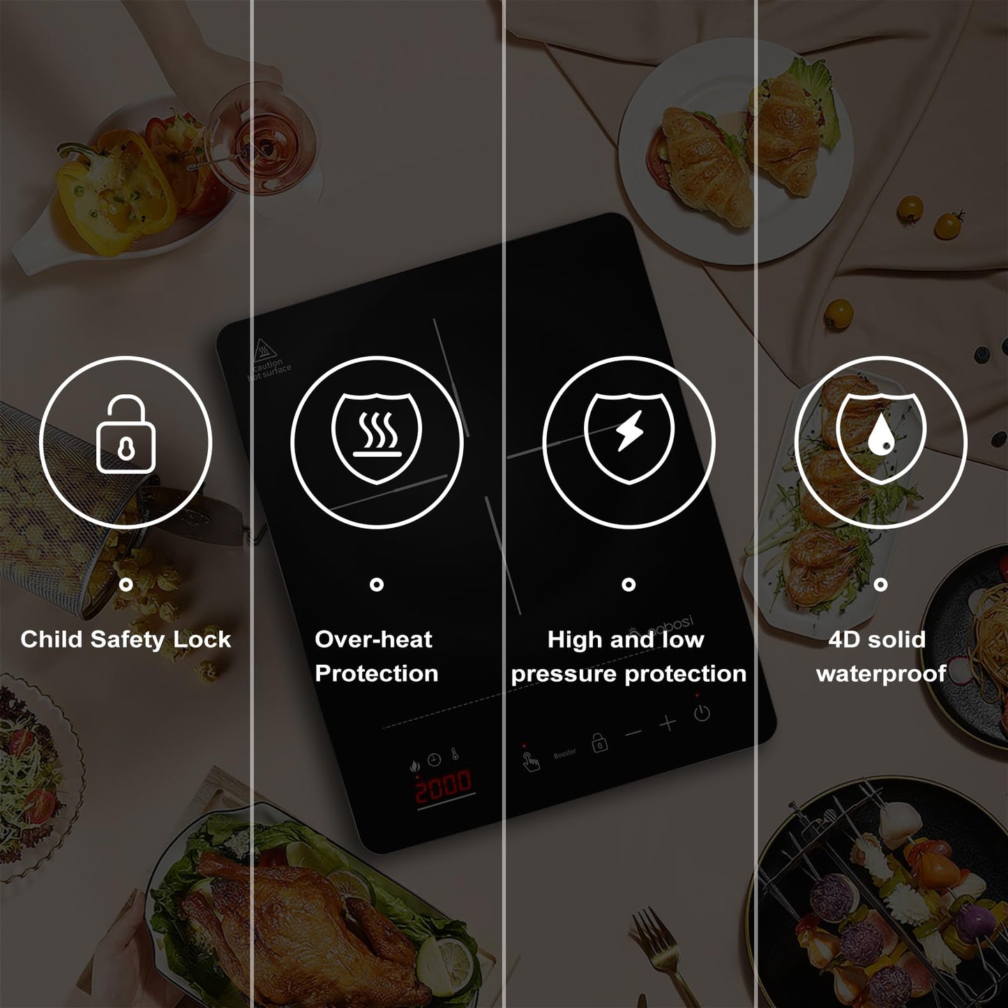 Aobosi Induction Hob 1 Plate, Induction Hob with Booster Function, 20 Power Levels and Temperature Levels, Compact Size, 2000W Portable Induction Hob, 10H Timer, Black