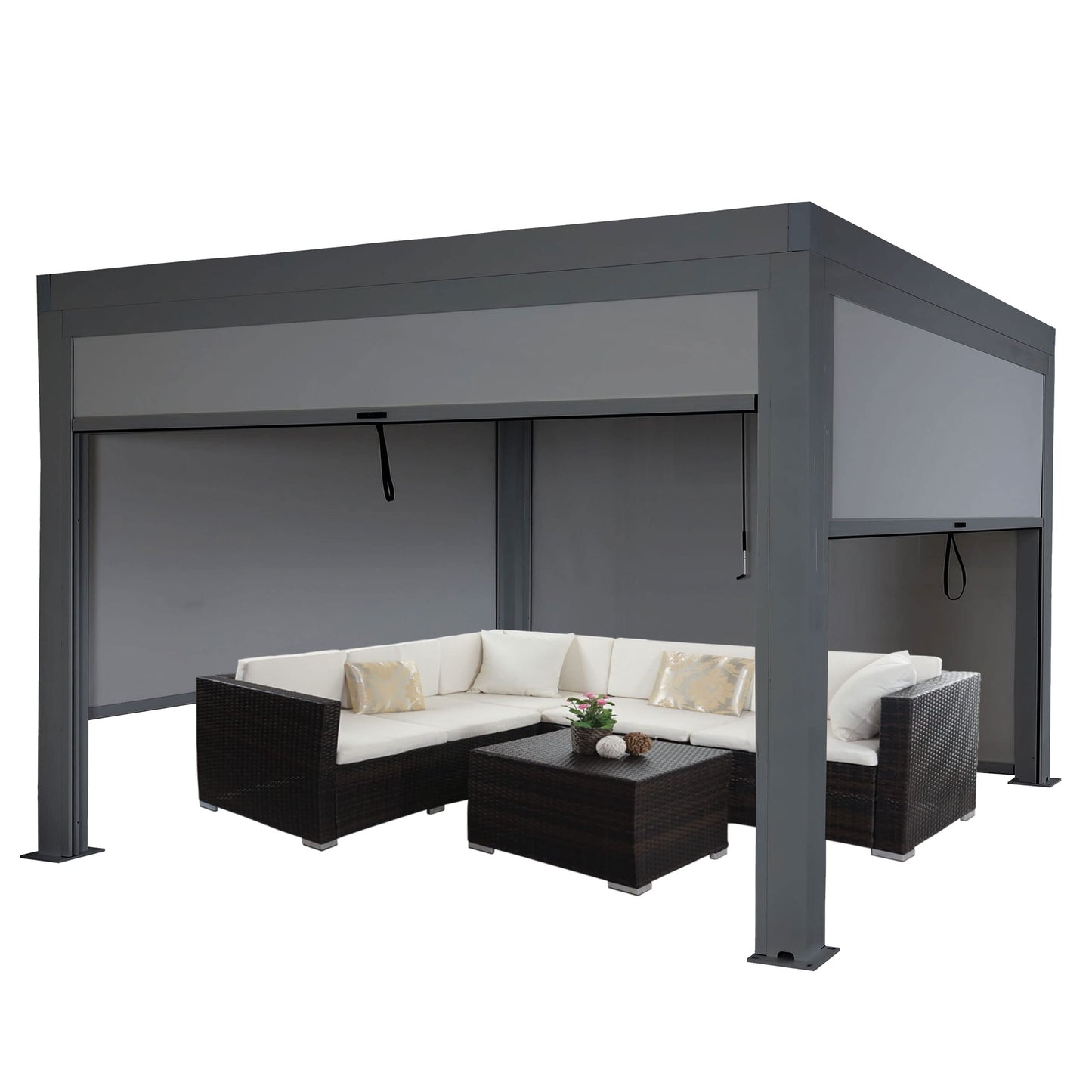 Pergola (HWC-L46) Garden slatted gazebo with side wall roller blind (3x4m): Stormproof, aluminum frame