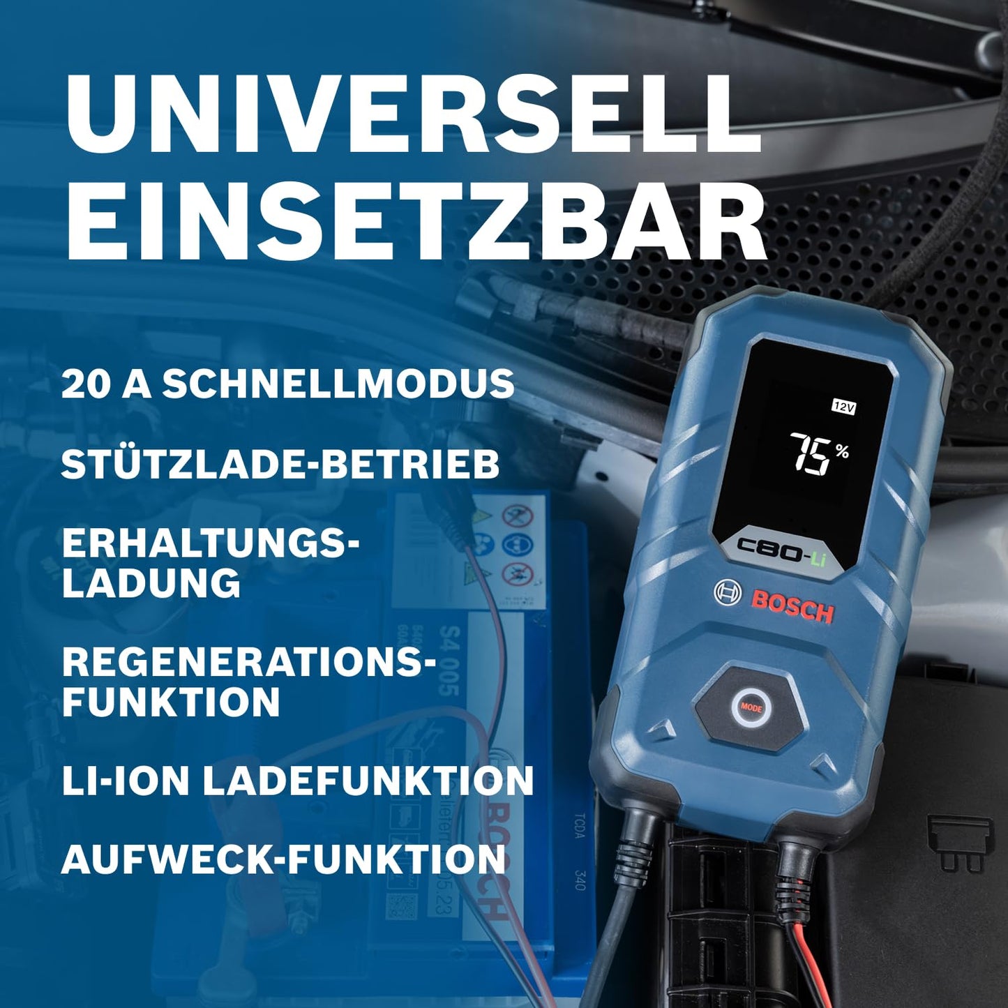 Bosch (C80-Li) car battery charger with trickle charge function for 6V-12V