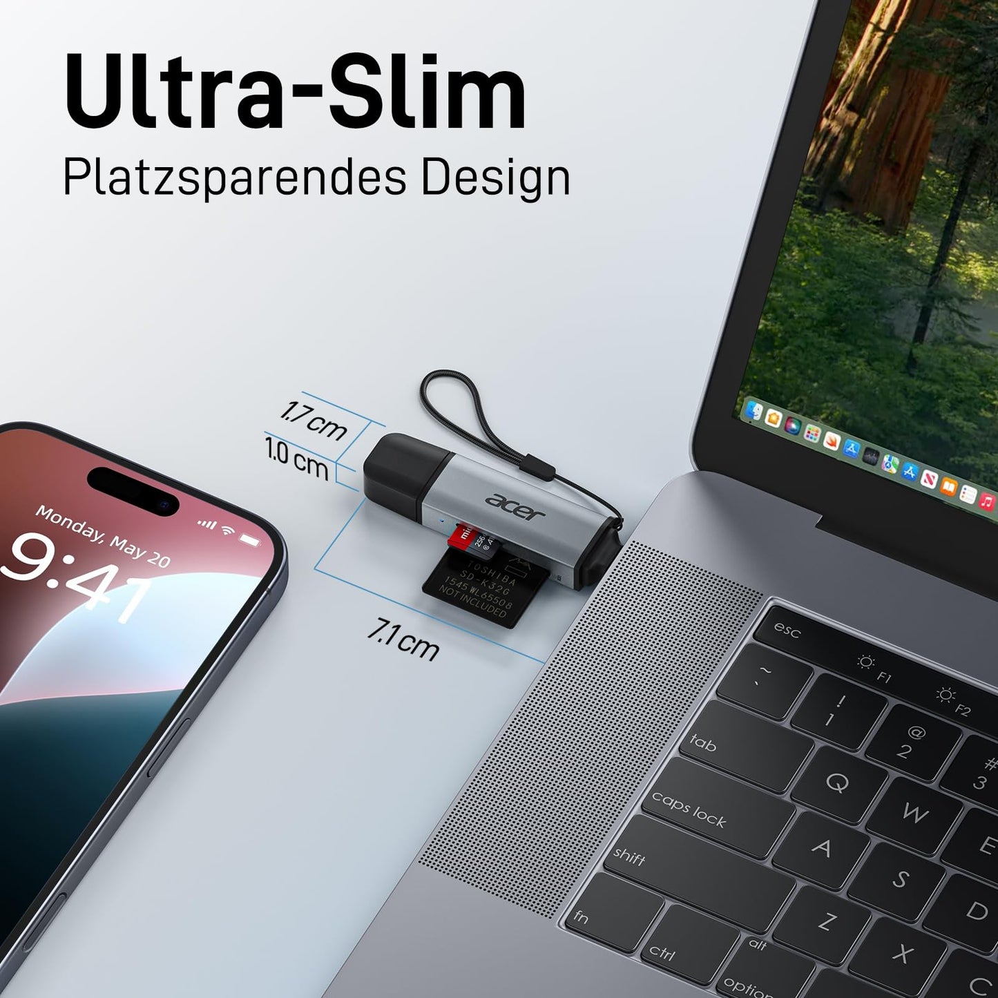 acer USB-C, USB 3.0 Kartenleser | Dual-Slot SD/microSD Adapter für PC, Mac, Smartphone