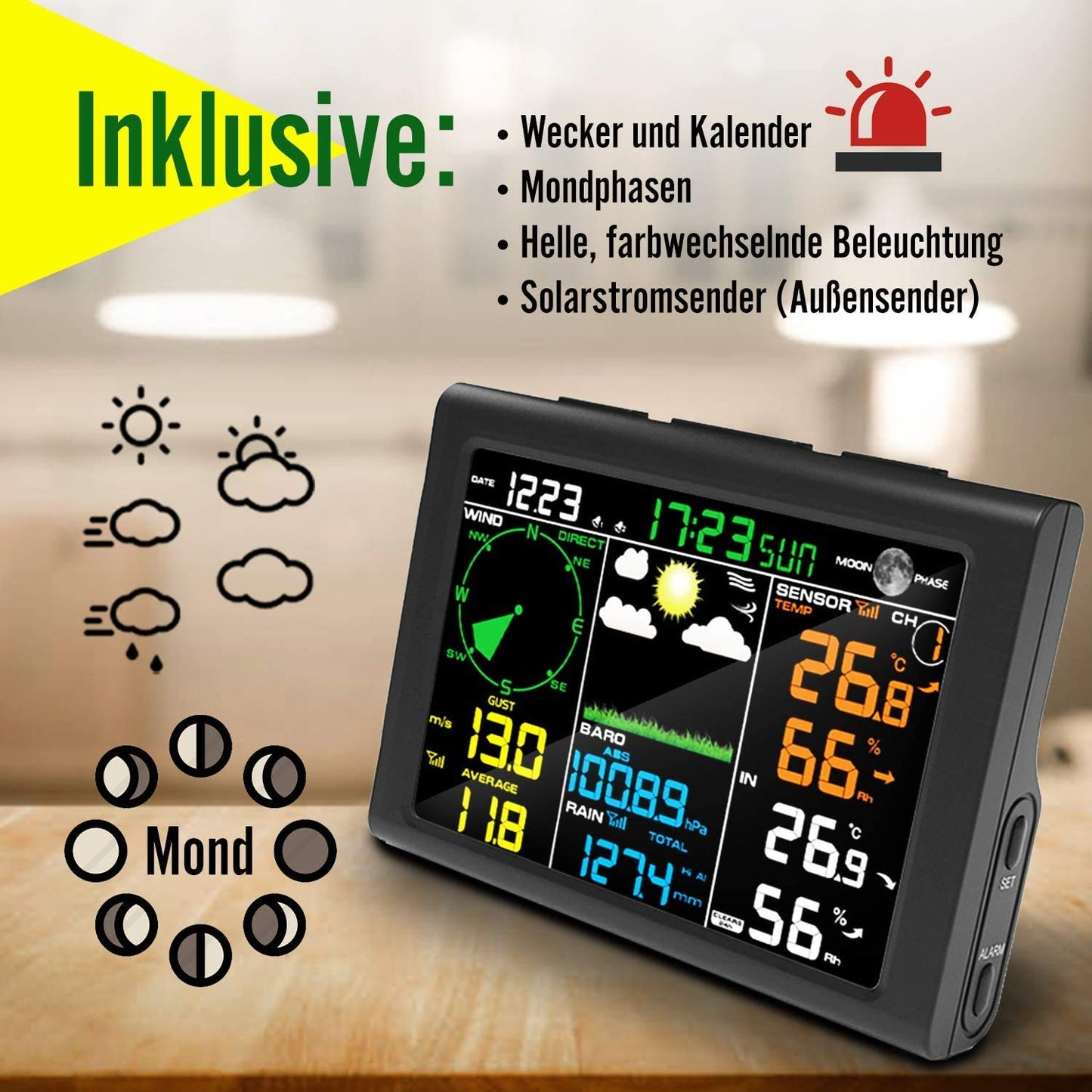 Sainlogic 9-in-1 wireless weather station with outdoor sensor: hygrometer, moon phase