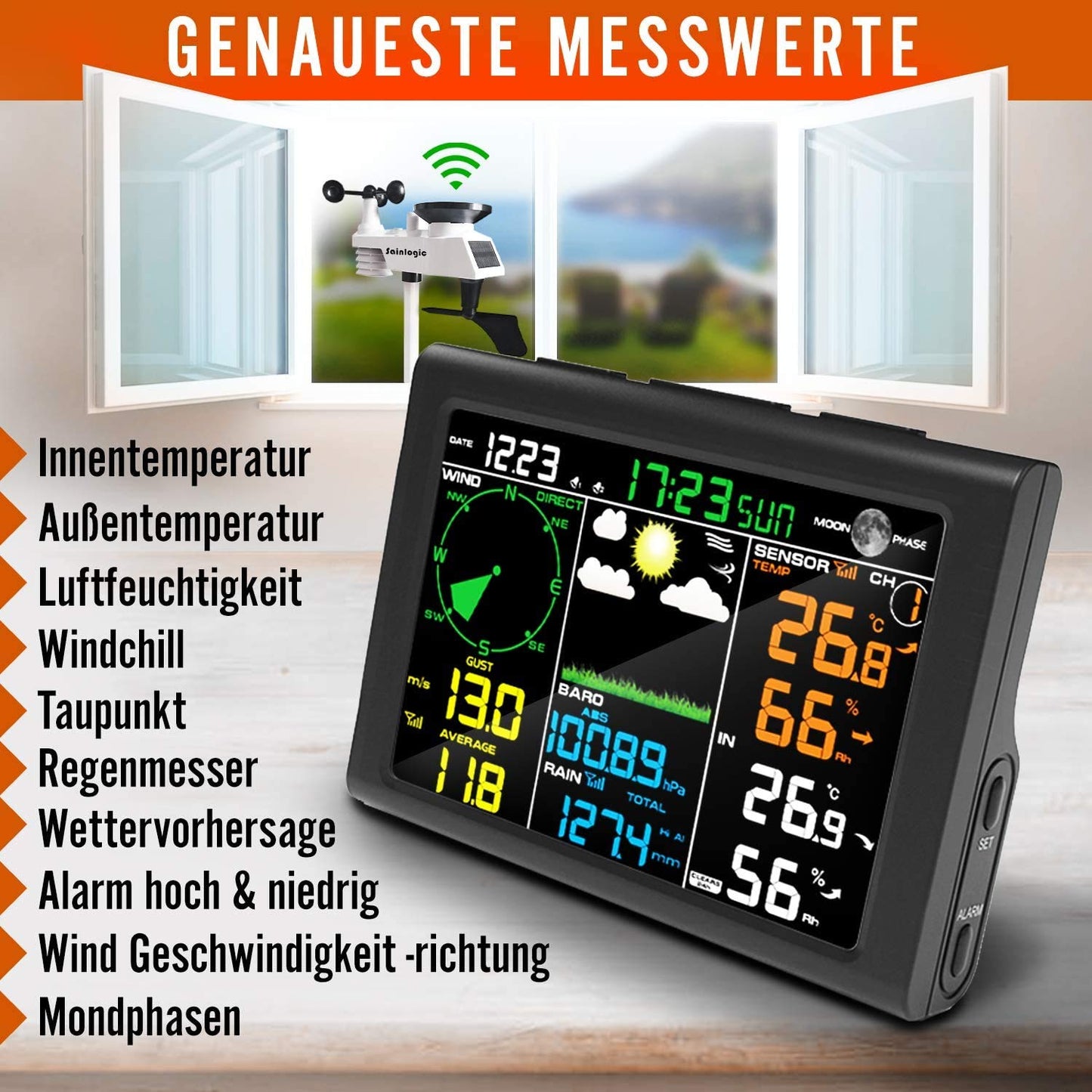 Sainlogic 9-in-1 wireless weather station with outdoor sensor: hygrometer, moon phase