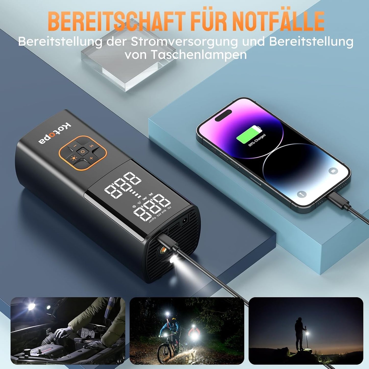 KOTOPA Elektrische Luftpumpe (150PSI): Wiederaufladbare Luftkompressor mit 4 Adapter