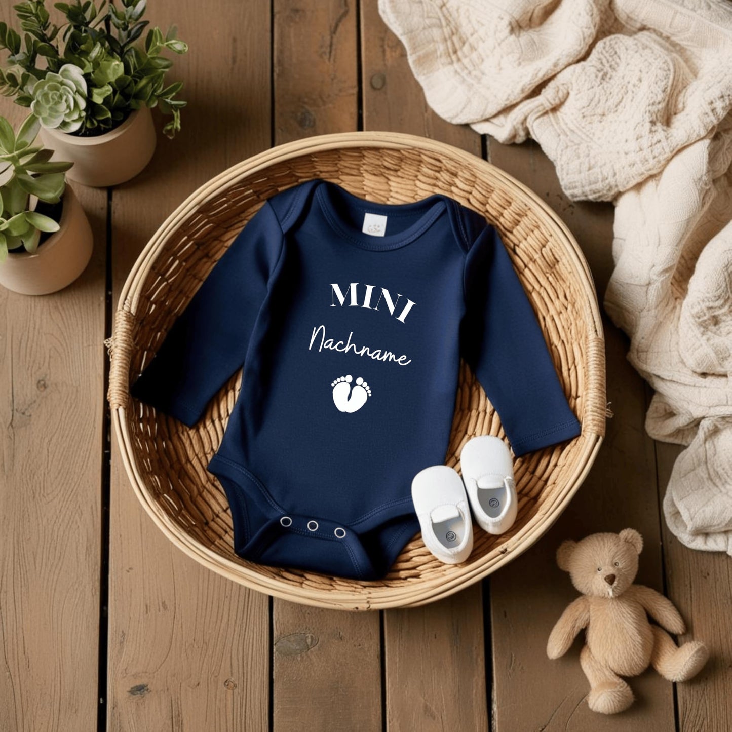 MINI Surname - Baby Bodysuit for 'Pregnancy Announcement' | Personalized Bodysuit: Long Sleeve, White (0-3M)