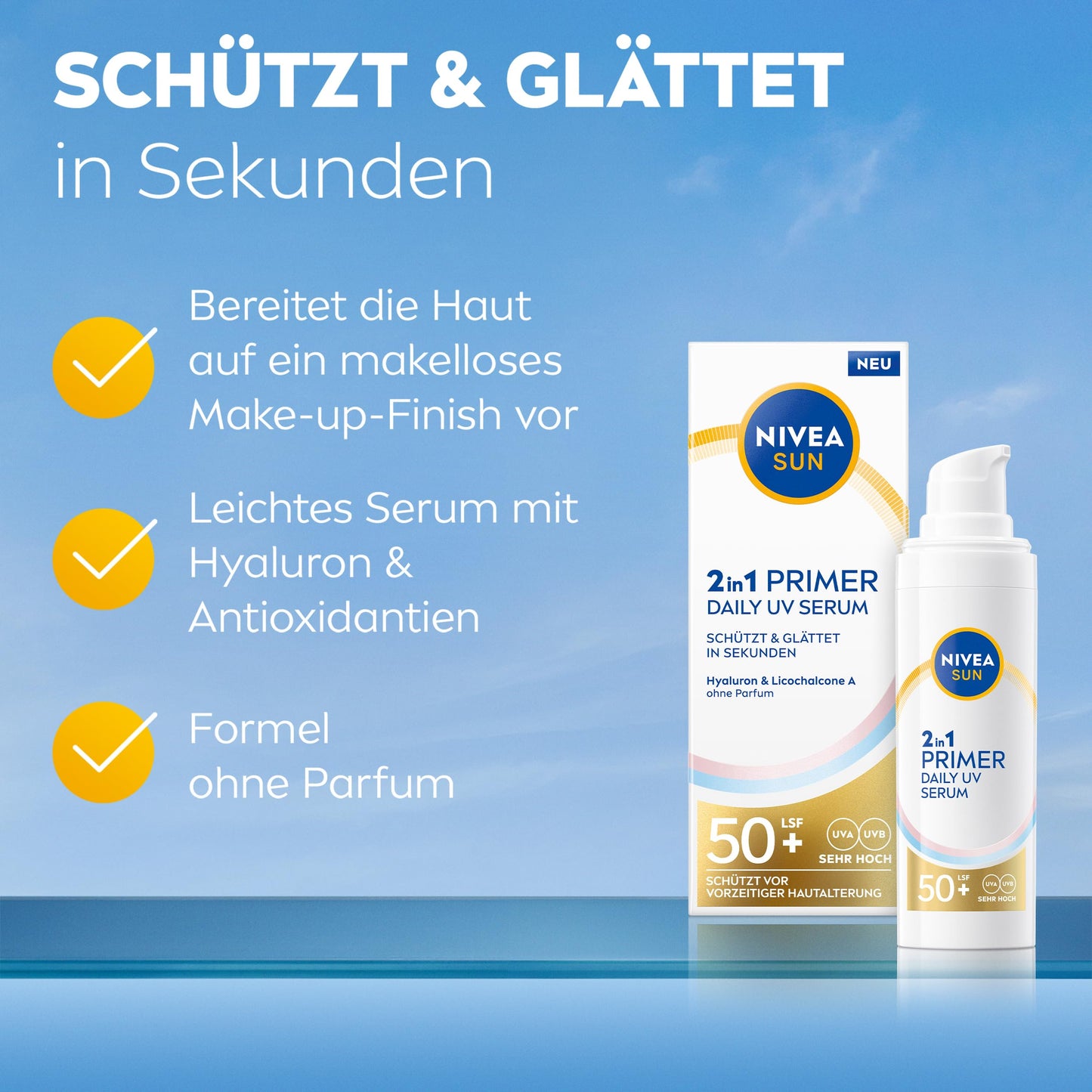 NIVEA SUN 2-in-1 Primer Daily UV Serum SPF 50+ | Perfume-free with hyaluronic acid and antioxidants (30 ml)