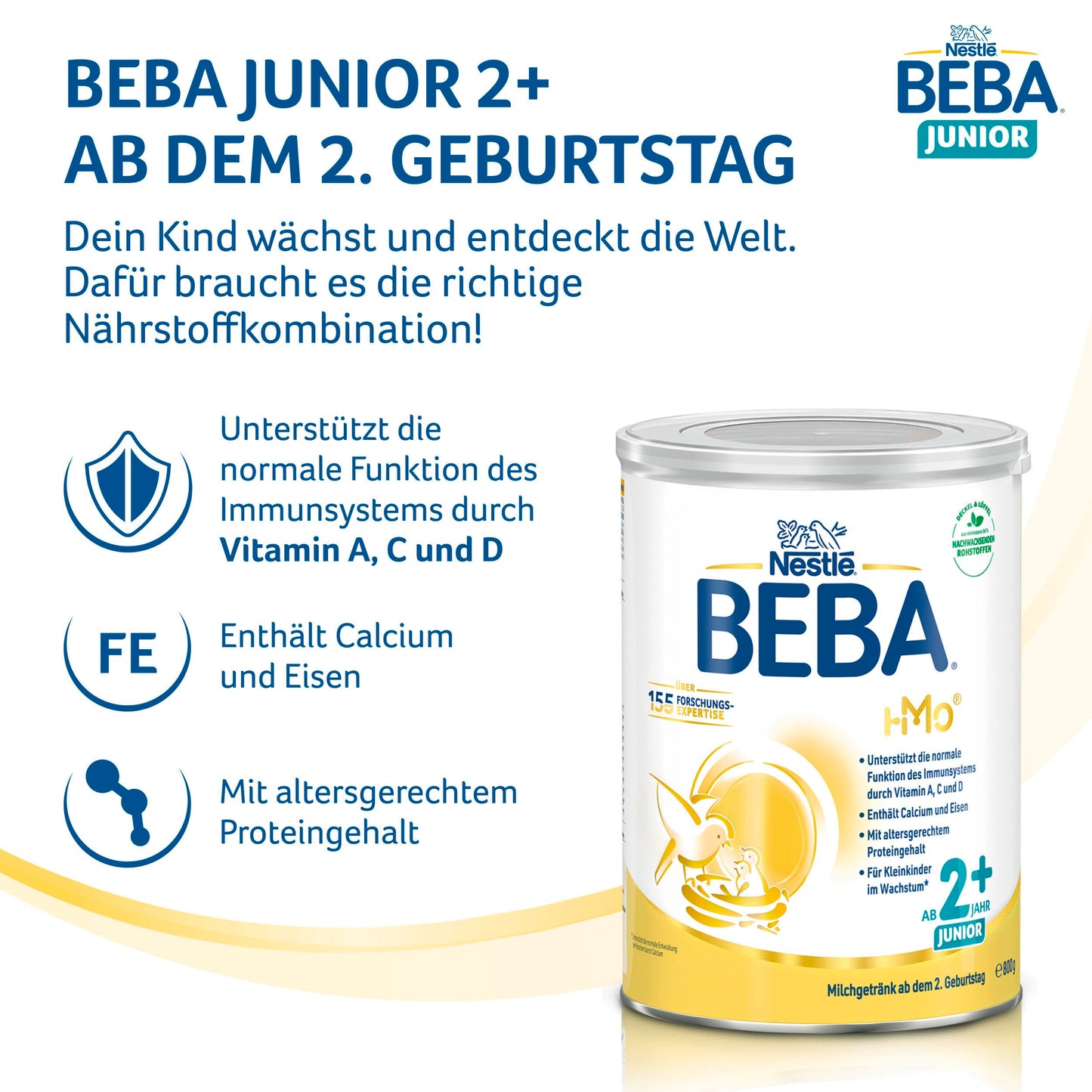 BEBA Junior 2+ milk drink (3 x 800g) from the 2nd birthday: baby food with HMO 2'-FL