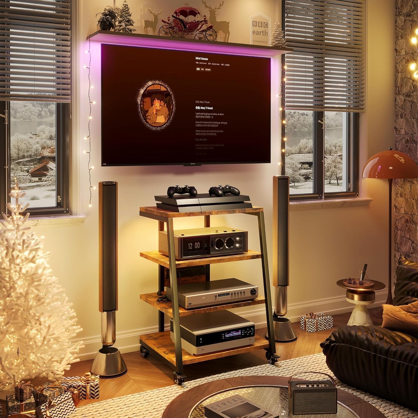 4-tier HiFi shelf with wheels, power strips & LED lights for stereo systems, TV