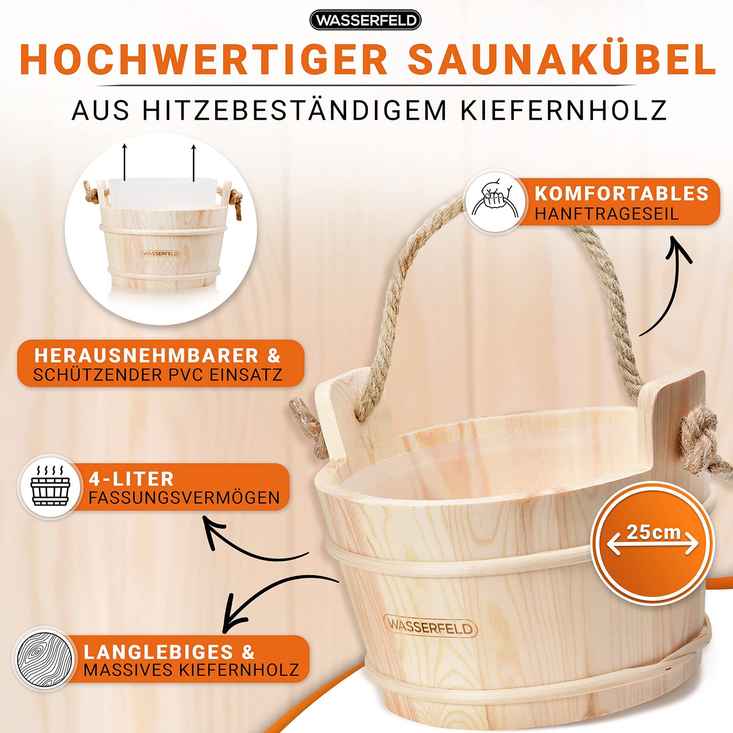 WASSERFELD® Sauna Bucket Set (4 liters) with ladle, hourglass, thermometer & hygrometer | Heat-resistant