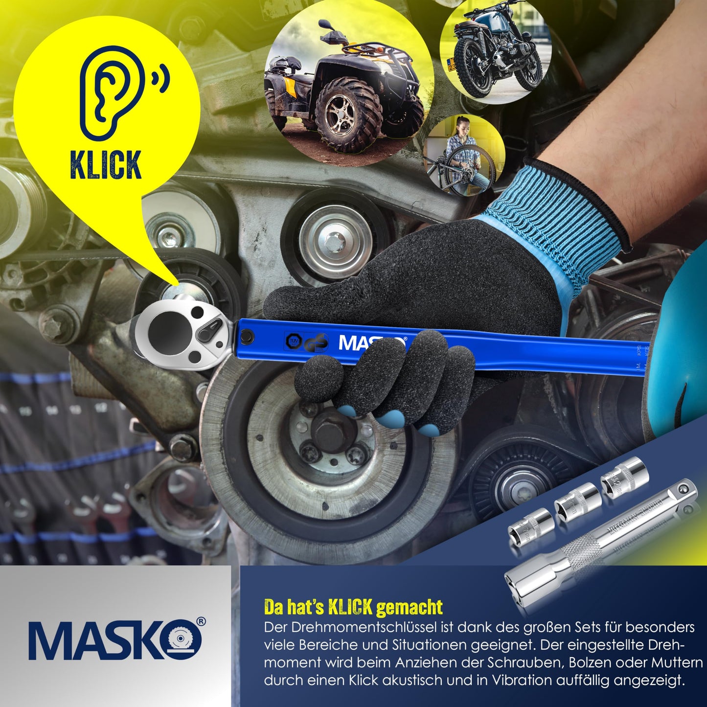 MASKO® torque wrench (6-piece): 40-210Nm 1/2' CV incl. 3 sockets + assembly gloves case