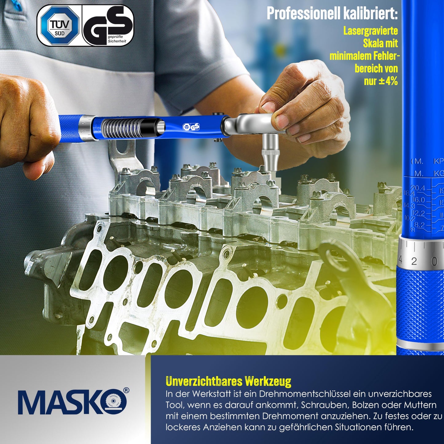 MASKO® torque wrench (6-piece): 40-210Nm 1/2' CV incl. 3 sockets + assembly gloves case