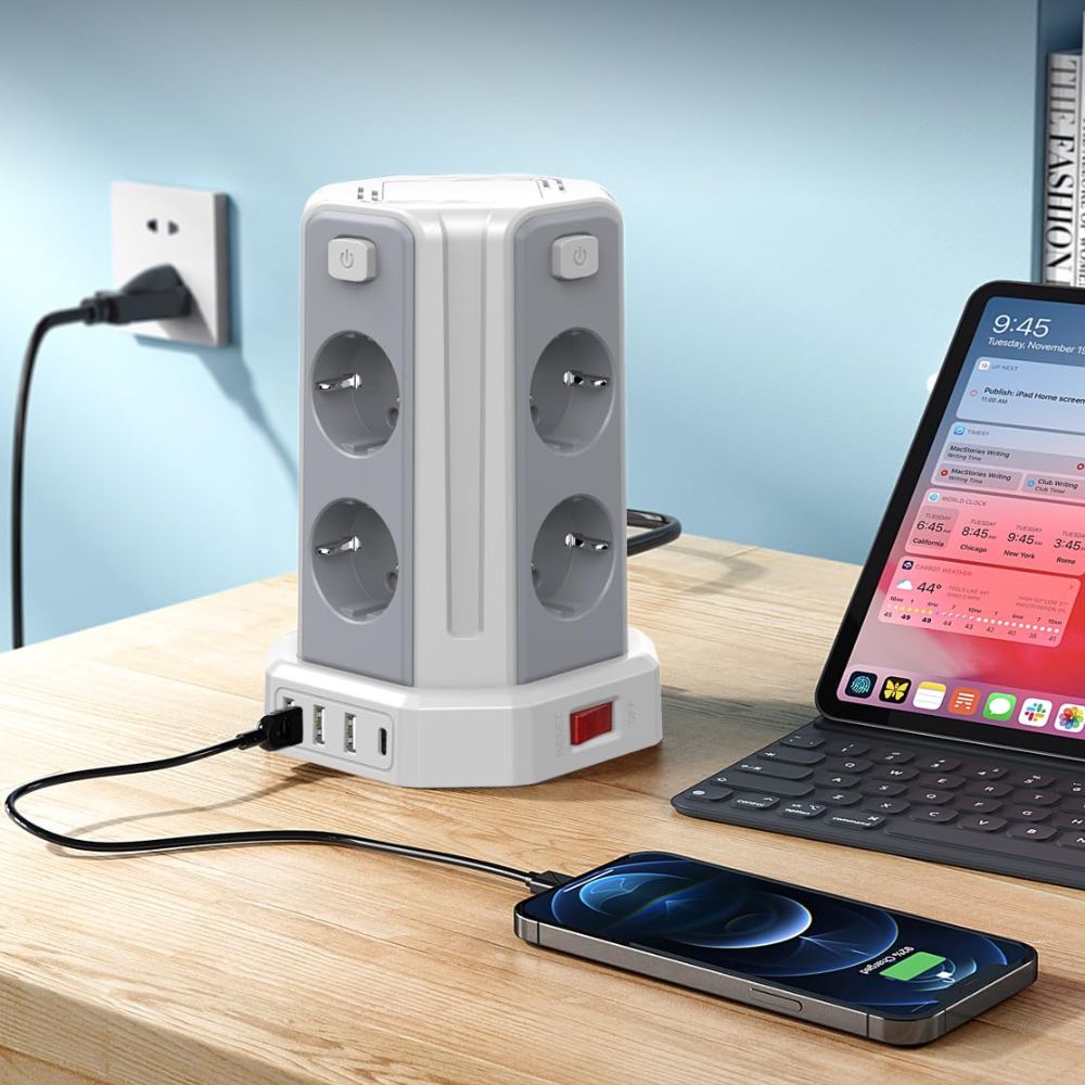 Multiple power strip with switch & surge protection: 3m extension cable for home, office