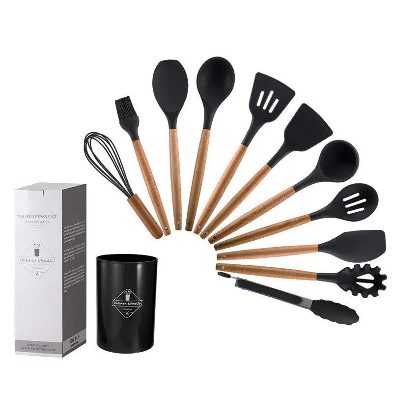 12-Piece Premium Silicone and Wooden Handle Kitchen Utensil Set with Non-Stick Surface