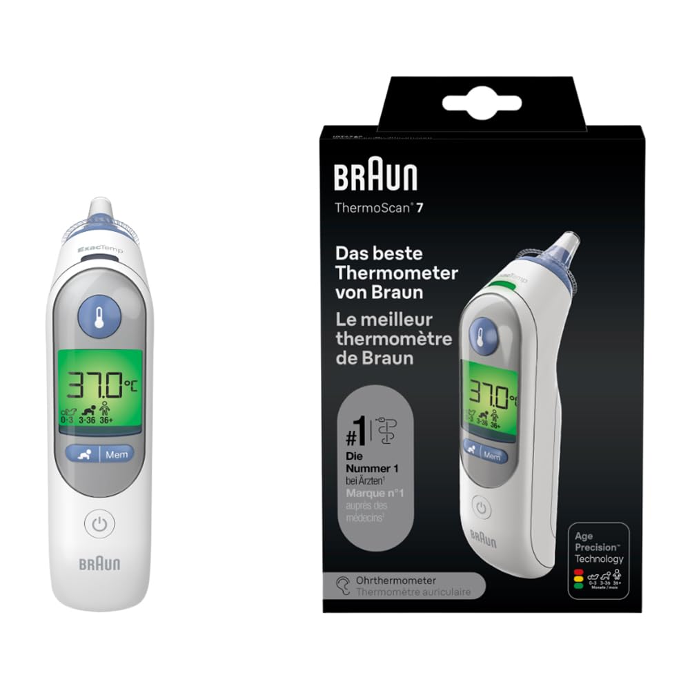 Braun ThermoScan-7 ear thermometer with Age Precision &amp; ExacTemp including 21 hygiene caps