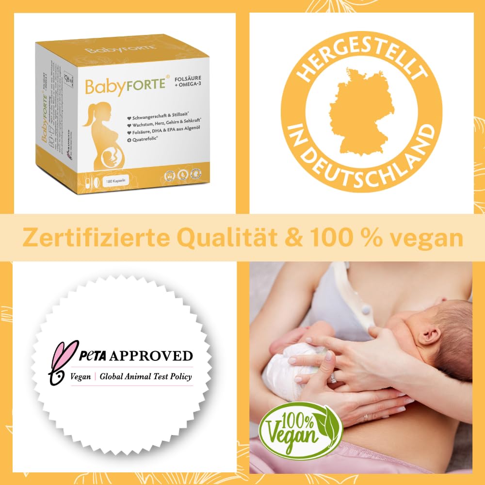 BabyFORTE Pregnancy Vitamins | 180 vegan capsules with folic acid, DHA, EPA, iodine &amp; Co.