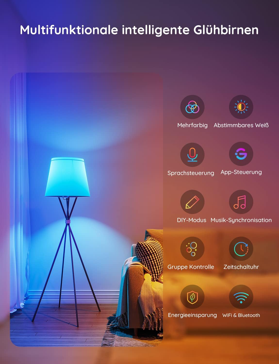 Govee Smart LED Bulb E27 with Wi-Fi: Dimmable, Voice Control (2 Pack)