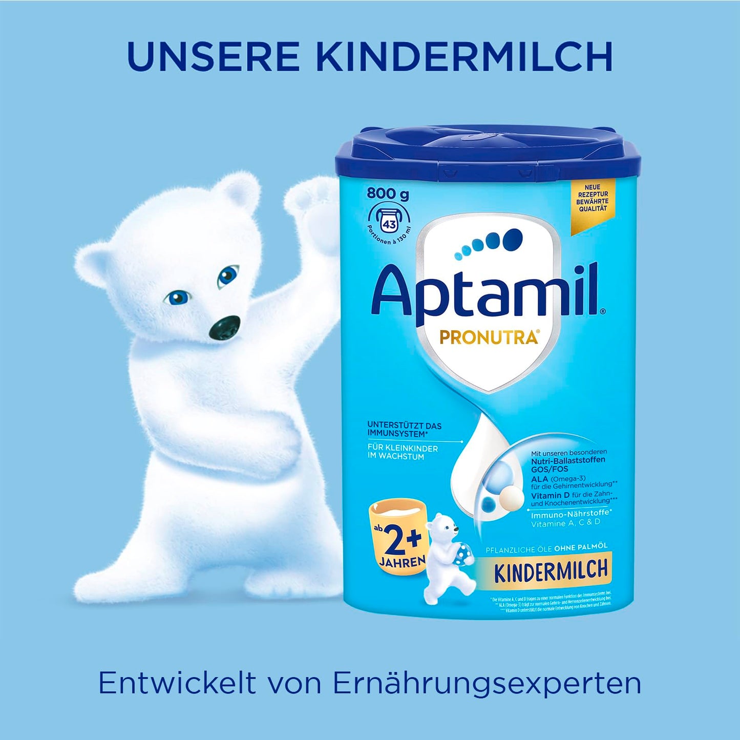 Aptamil Children's Milk 2+ (1x 800g) for growing toddlers - 43 portions of 130ml each