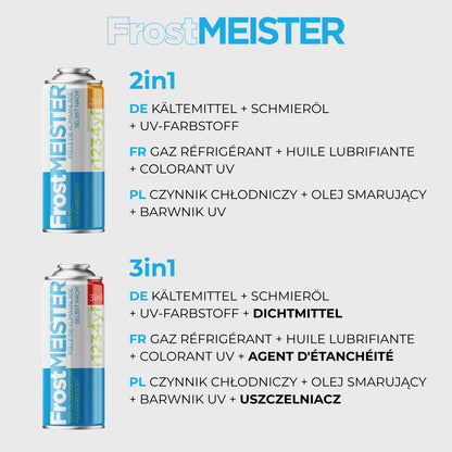 FrostMEISTER 3-in-1 Auto-Klimaanlage Nachfüllset für R134a (2x 400ml Dose & Schlauch mit Manometer)