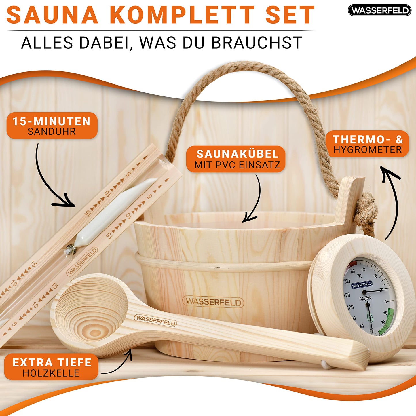 WASSERFELD® Sauna Bucket Set (4 liters) with ladle, hourglass, thermometer &amp; hygrometer | Heat-resistant
