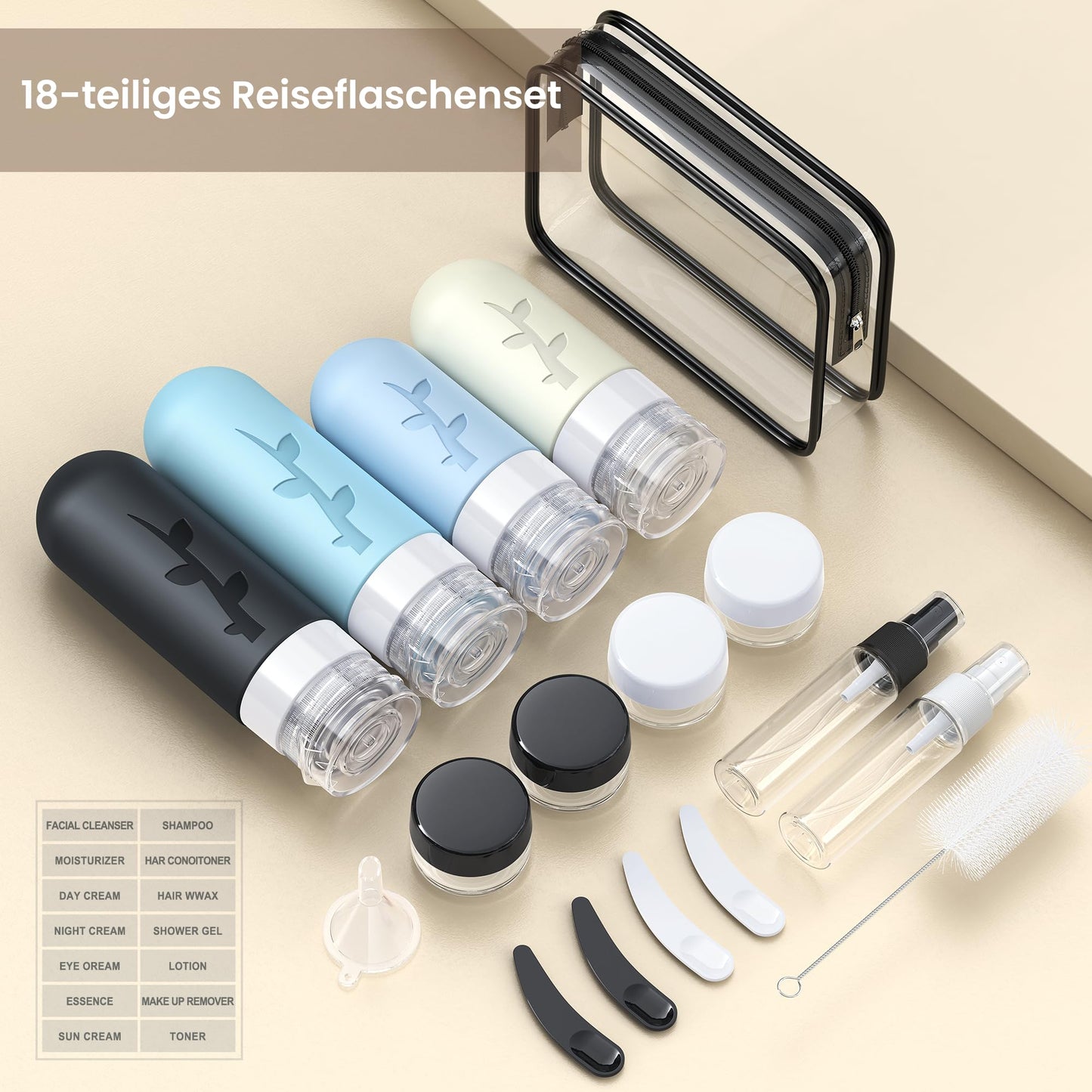 Silicone Travel Bottle Set for Filling (18 Pieces): TSA Approved - Travel Gadgets
