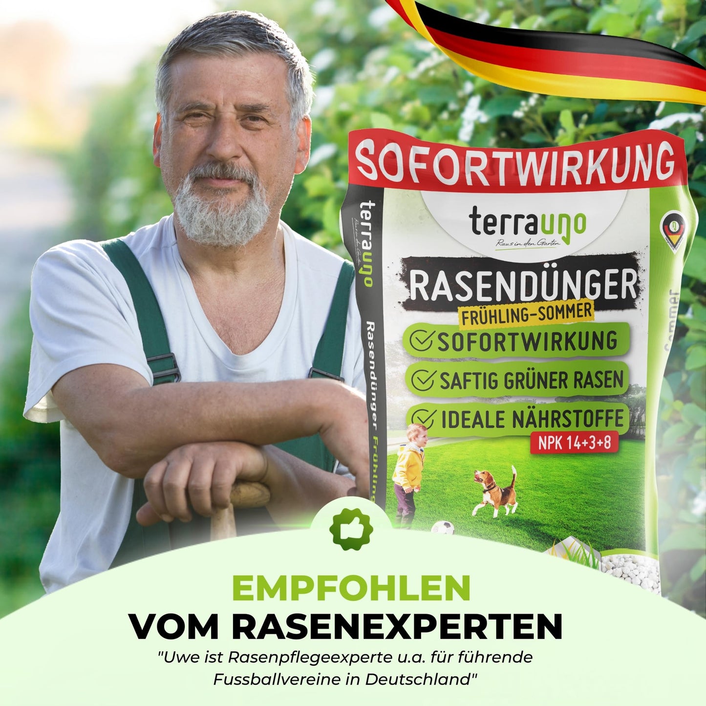 TerraUno Rasendünger für Frühjahr/Sommer: Sofortwirkung - 20kg für 1000m²